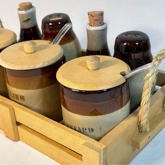 Vintage Table top relish condiments set with wooden caddy by Le Gran imports - Picture 7 of 15